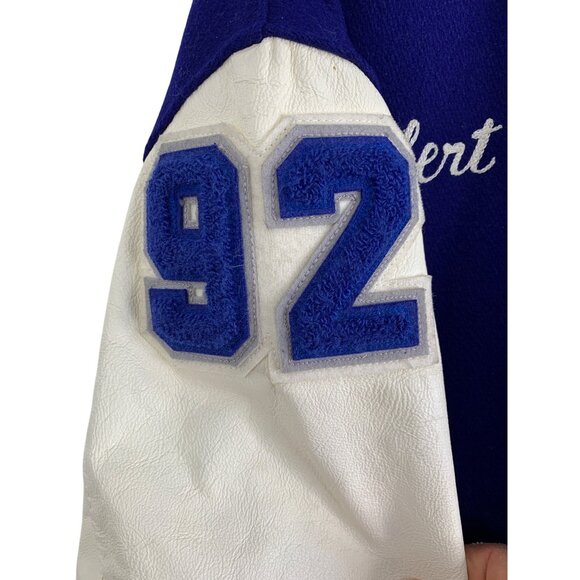 Vintage 90s DeLONG Mens Varsity Letterman Jacket Mr Warren Wool Leather M/L Blue - Picture 7 of 10